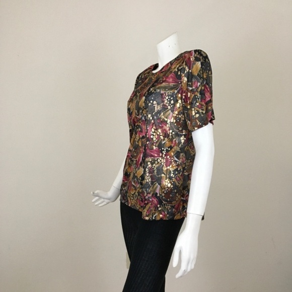 Vintage 80’s Abstract Top Shirt Gold Sheen Black Berry Woman’s 6 Fundamental - Picture 6 of 15